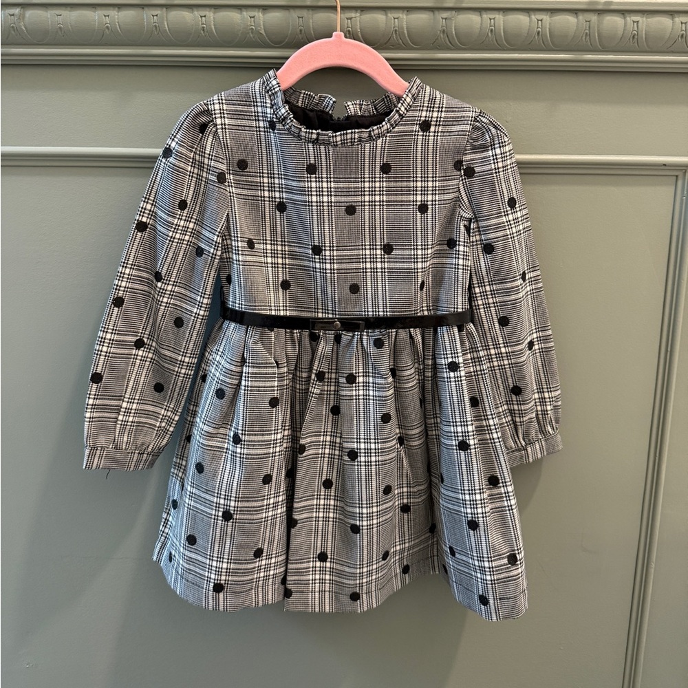 Mayoral Black & White Plaid Long-Sleeve Dress with Black Dot Detail